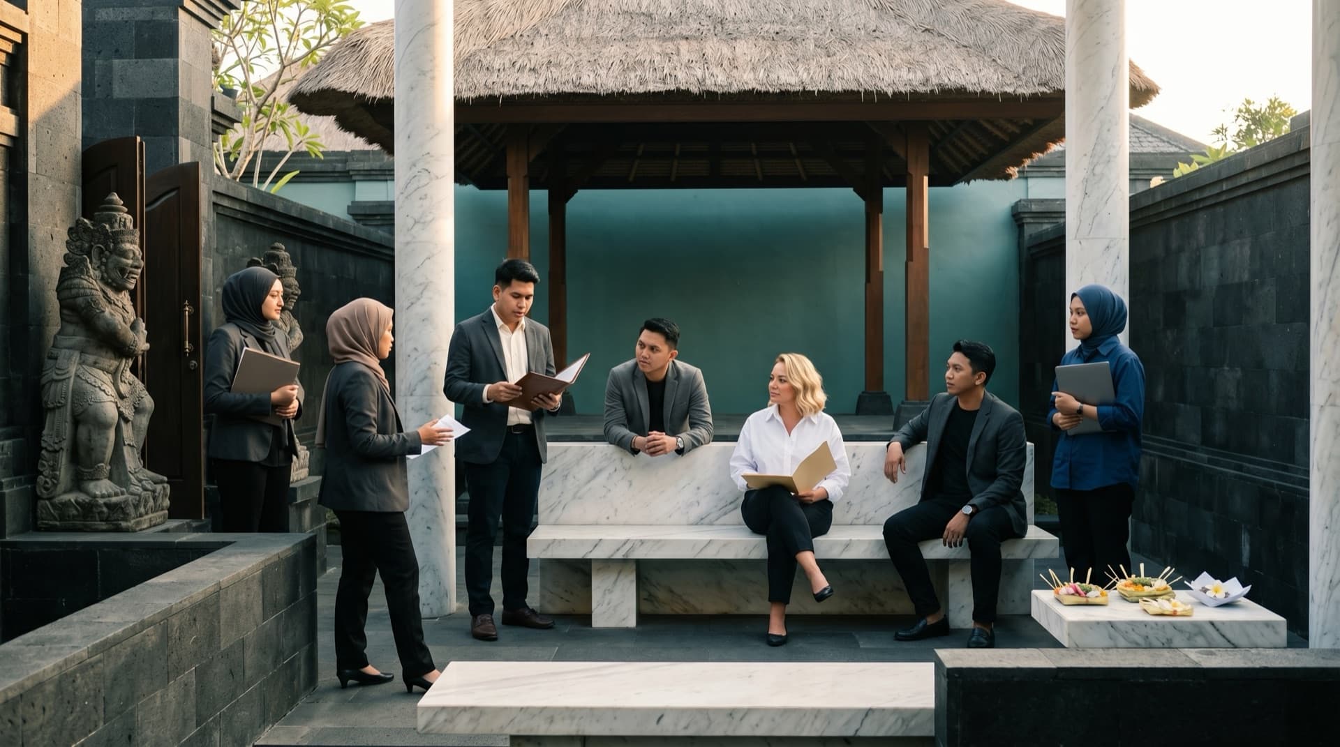 The Bali Zero team at a working session in a Balinese bale pavilion