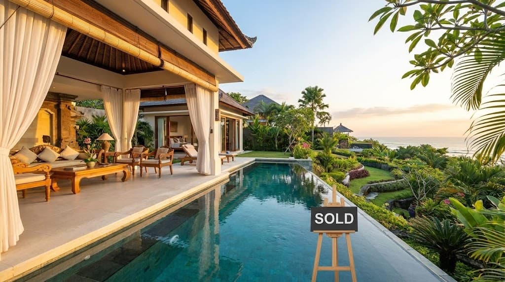 For sale sign on a Bali villa with tropical garden and pool in background
