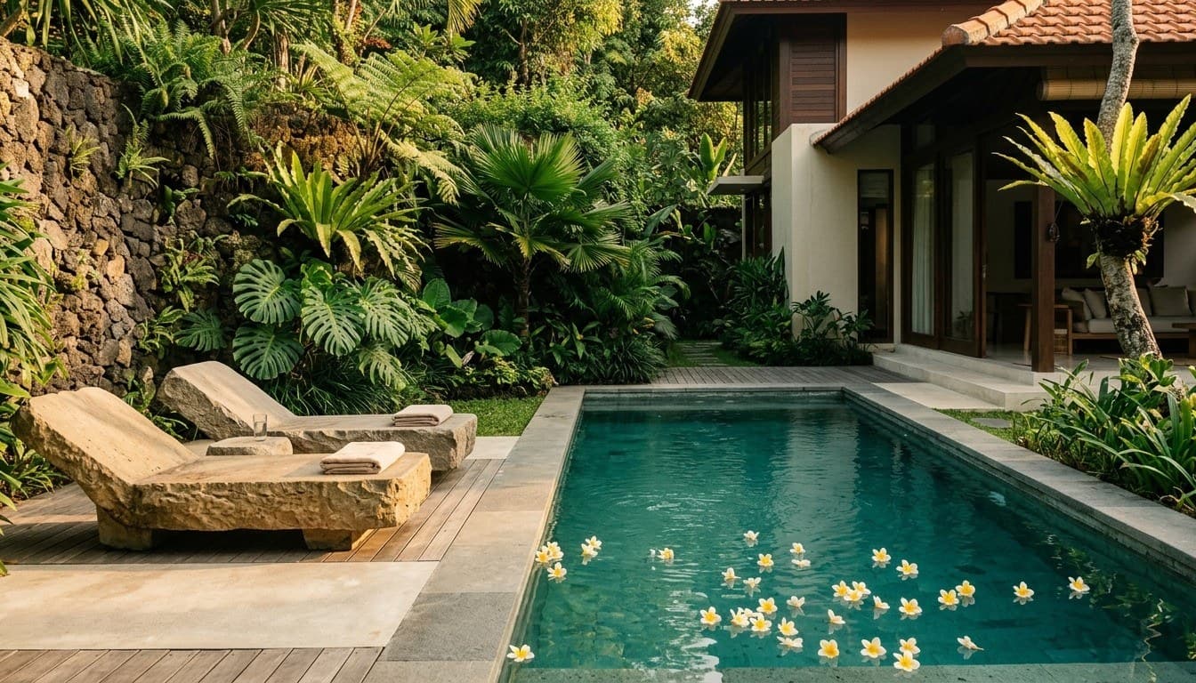 A serene tropical villa pool in Bali with white frangipani blossoms floating on the water beside stone loungers and a volcanic rock wall.