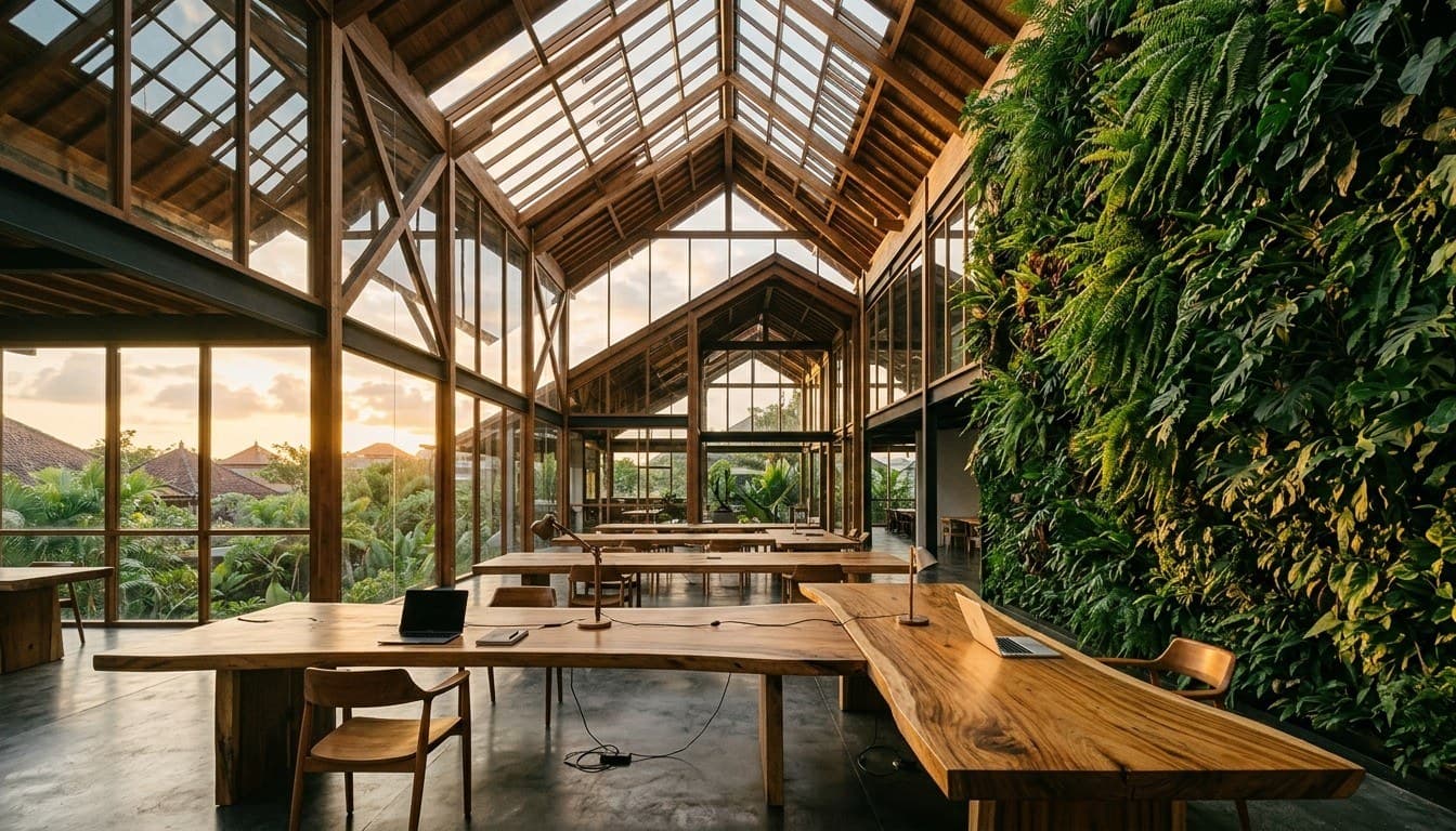 A modern Indonesian technology hub atrium with soaring timber ceilings, a vertical living plant wall, and shared suar wood desks.