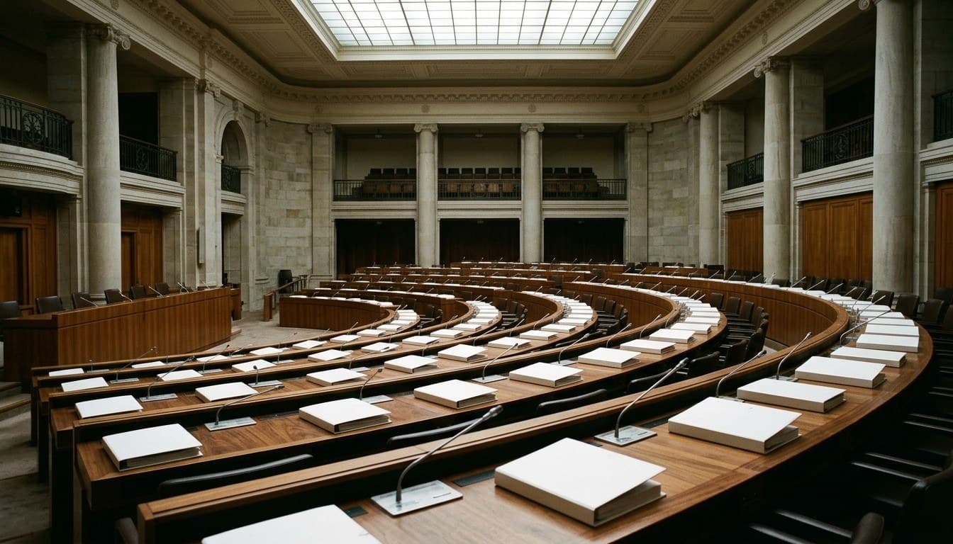 An international regulatory assembly chamber with curved walnut desks and microphones framed by classical stone colonnades.