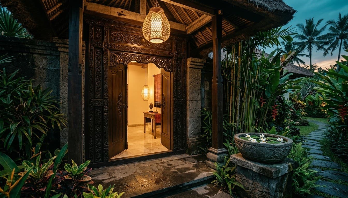 Carved teak double entrance doors of a private Bali villa with a glowing woven lantern and stone frangipani bowl at twilight.
