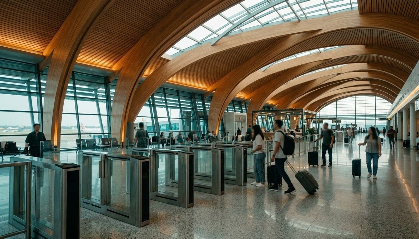 Modern airport departure hall featuring automated glass border gates and sweeping timber ceiling arches bathed in natural daylight.