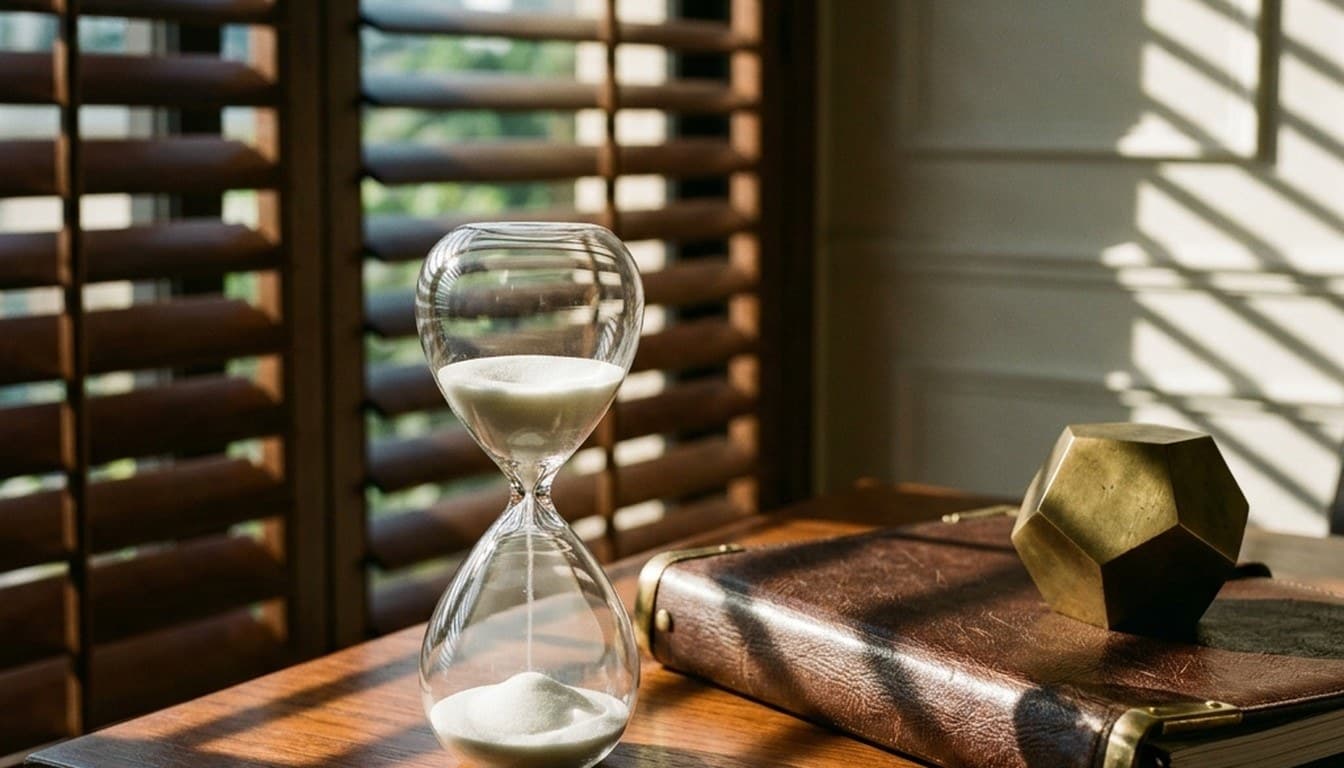 An artisanal glass hourglass with flowing white sand beside a leather folder and brass paperweight on an executive teak desk.