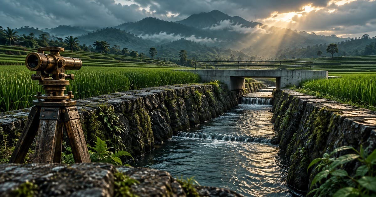 AI editorial illustration of a Bali irrigation channel, rice fields and a brass surveying instrument.