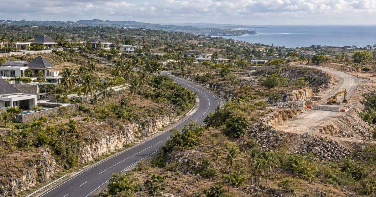 Conceptual illustration of a South Bali road, contemporary villas and a separate construction area