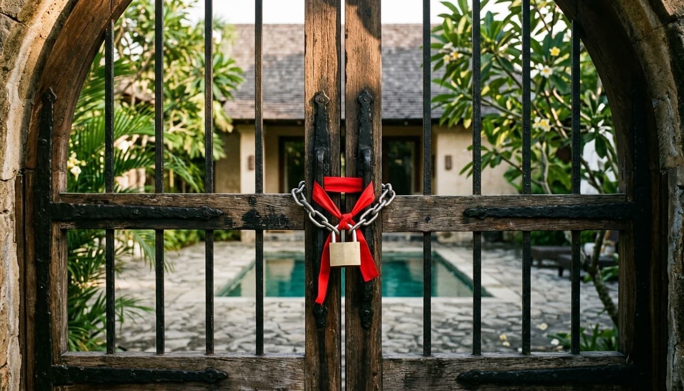 A heavy brass padlock and chain securing a luxury villa entrance gate overlooking tropical gardens.