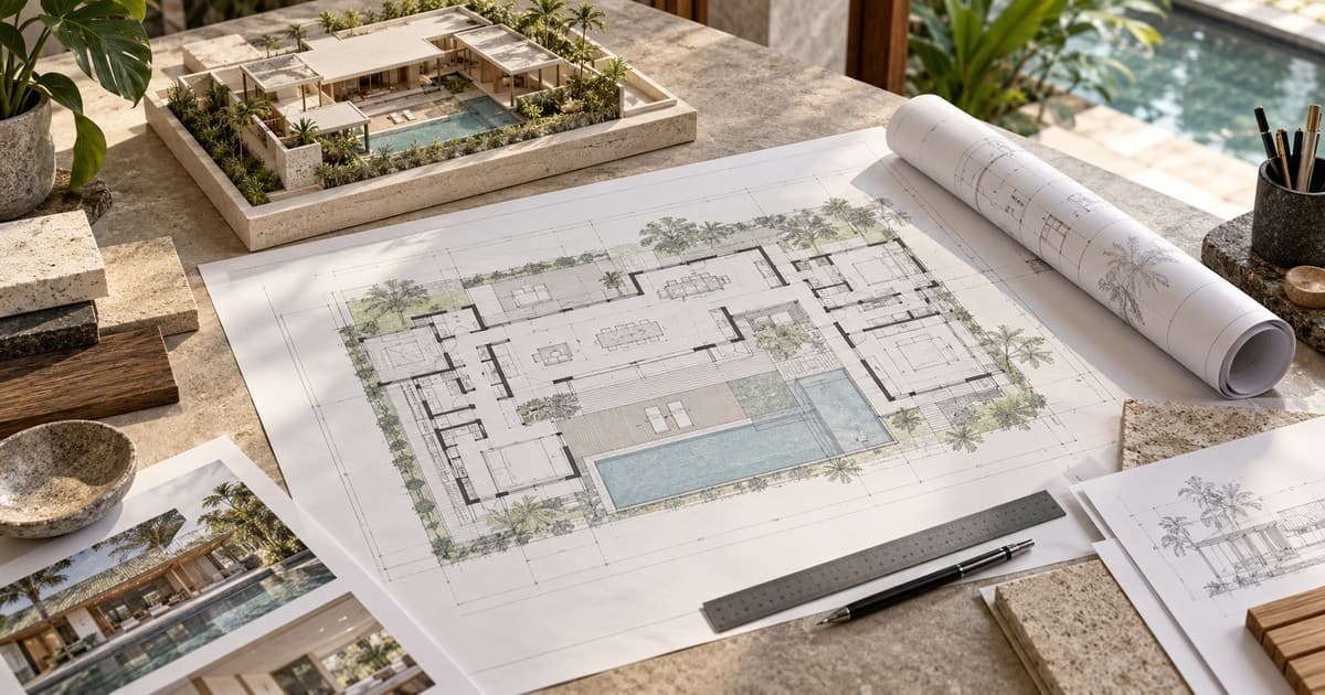 Illustrative villa scale model beside architectural plans, a ruler and pen on a design table