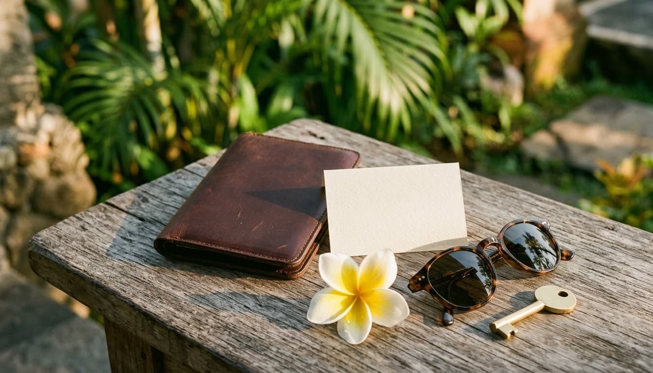 Editorial still life of a leather passport wallet, sunglasses, key, and frangipani flower on a teak bench