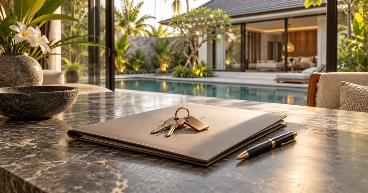 Editorial illustration of property keys and a document folder on a table overlooking a contemporary Bali villa.
