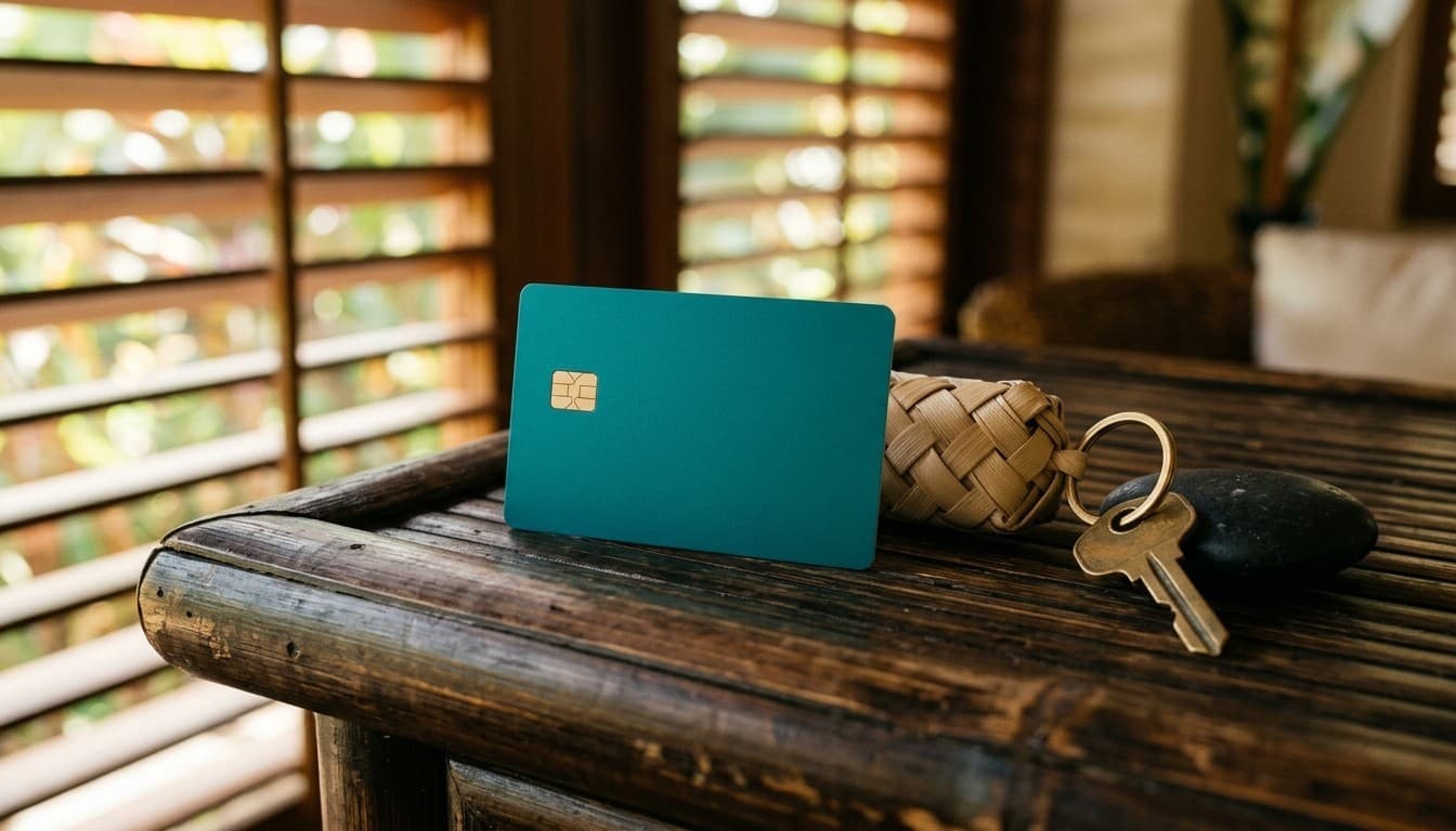 Editorial 35mm photograph of a minimalist teal smart card with golden chip and scooter key on a bamboo table