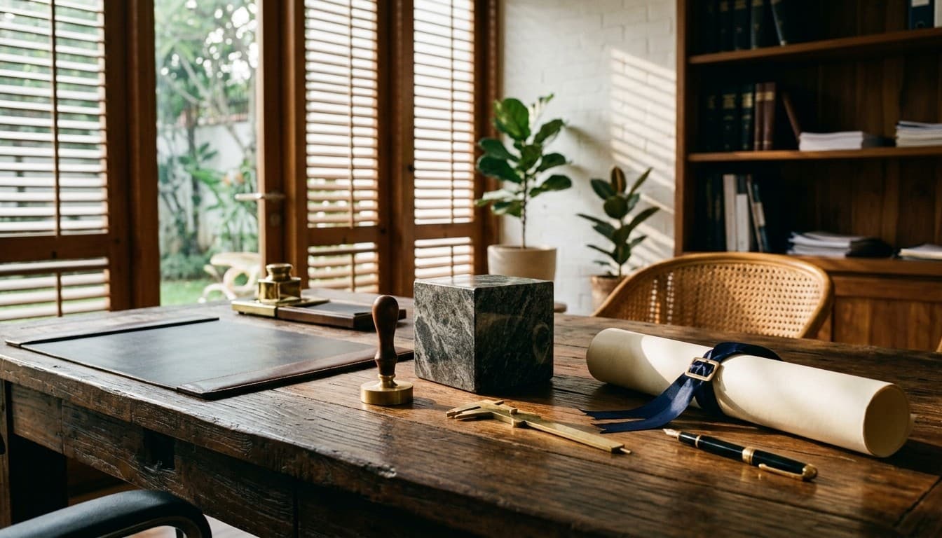 A granite foundation block, unengraved brass seal, brass calipers, and ribbon-tied charter scroll on a teak desk.