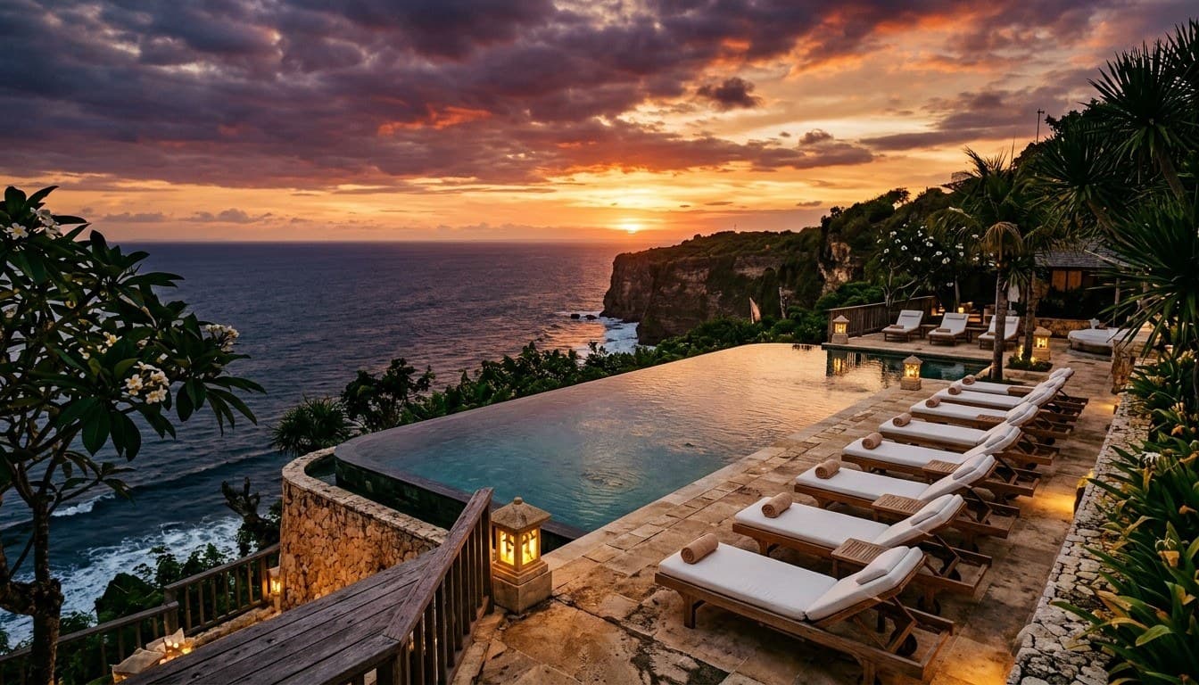 A luxury cliffside infinity pool and stone lantern terrace overlooking the Indian Ocean at sunset in Uluwatu, Bali.