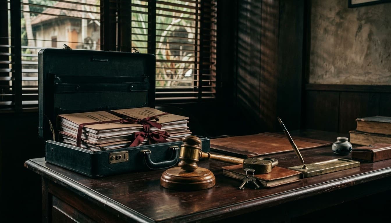 A briefcase with ribbon-bound dossiers, legal gavel, and padlock on an investigator's desk in moody blinds lighting.