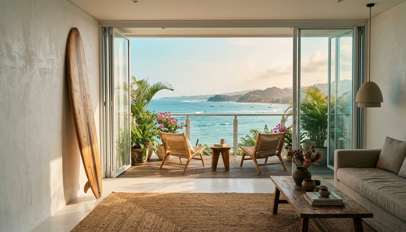 A sun-drenched coastal living room in Bali featuring a handcrafted timber surfboard and a balcony opening onto ocean views.