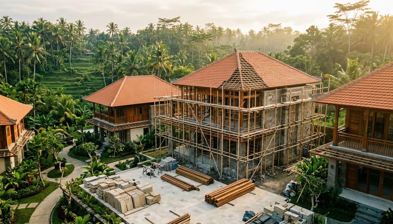 Two-storey Balinese villas with terracotta roofs, one behind bamboo scaffolding, with stacked stone tiles and timber on site beside rice terraces and palm trees.