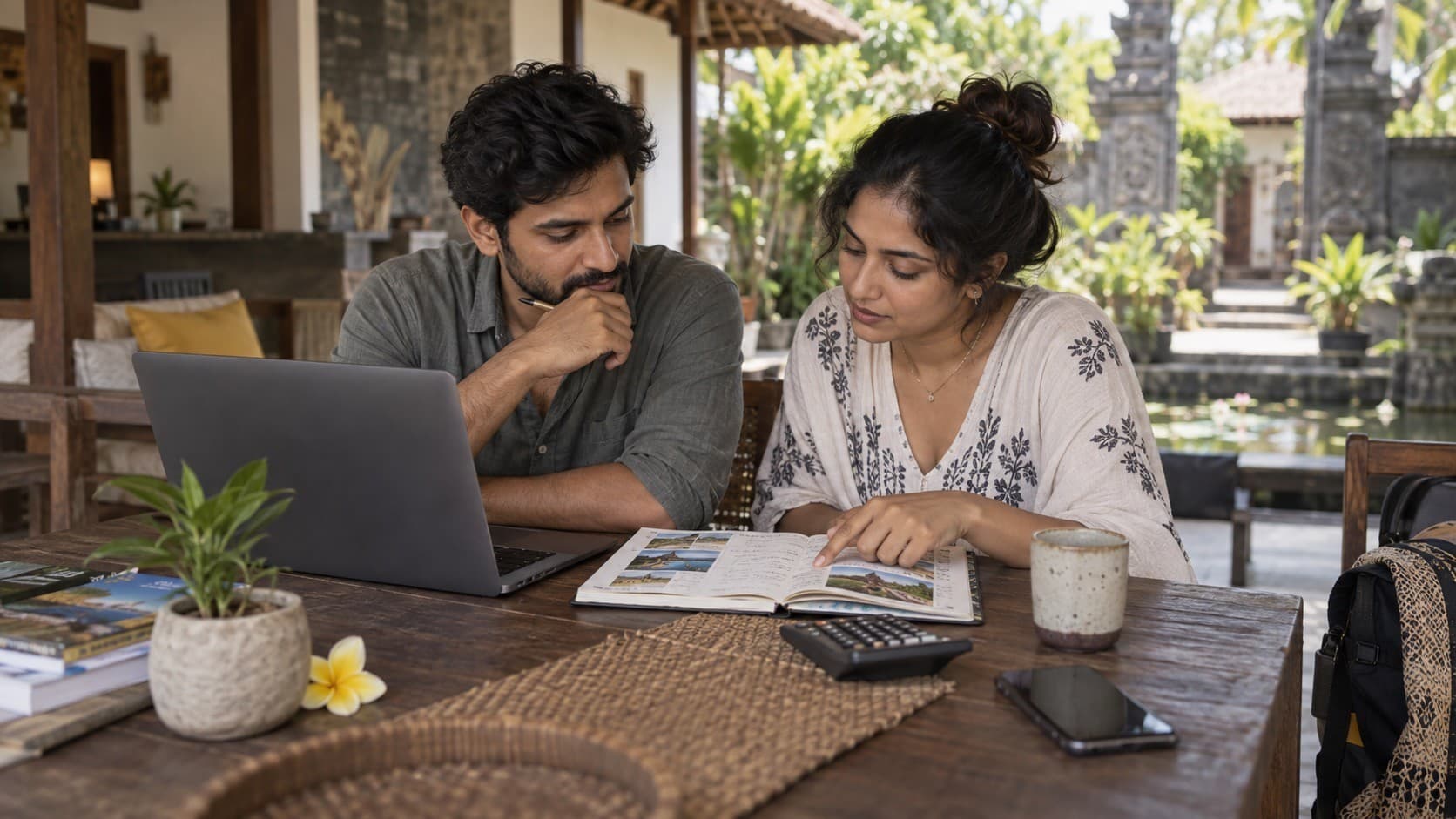 A couple reviewing a Bali itinerary and an itemised travel budget