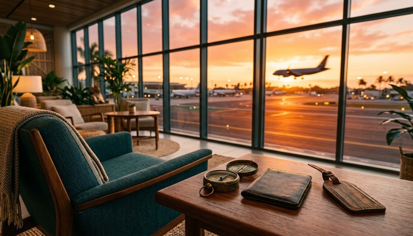 Editorial 35mm photograph of an airport lounge with compass and passport case overlooking a sunset runway