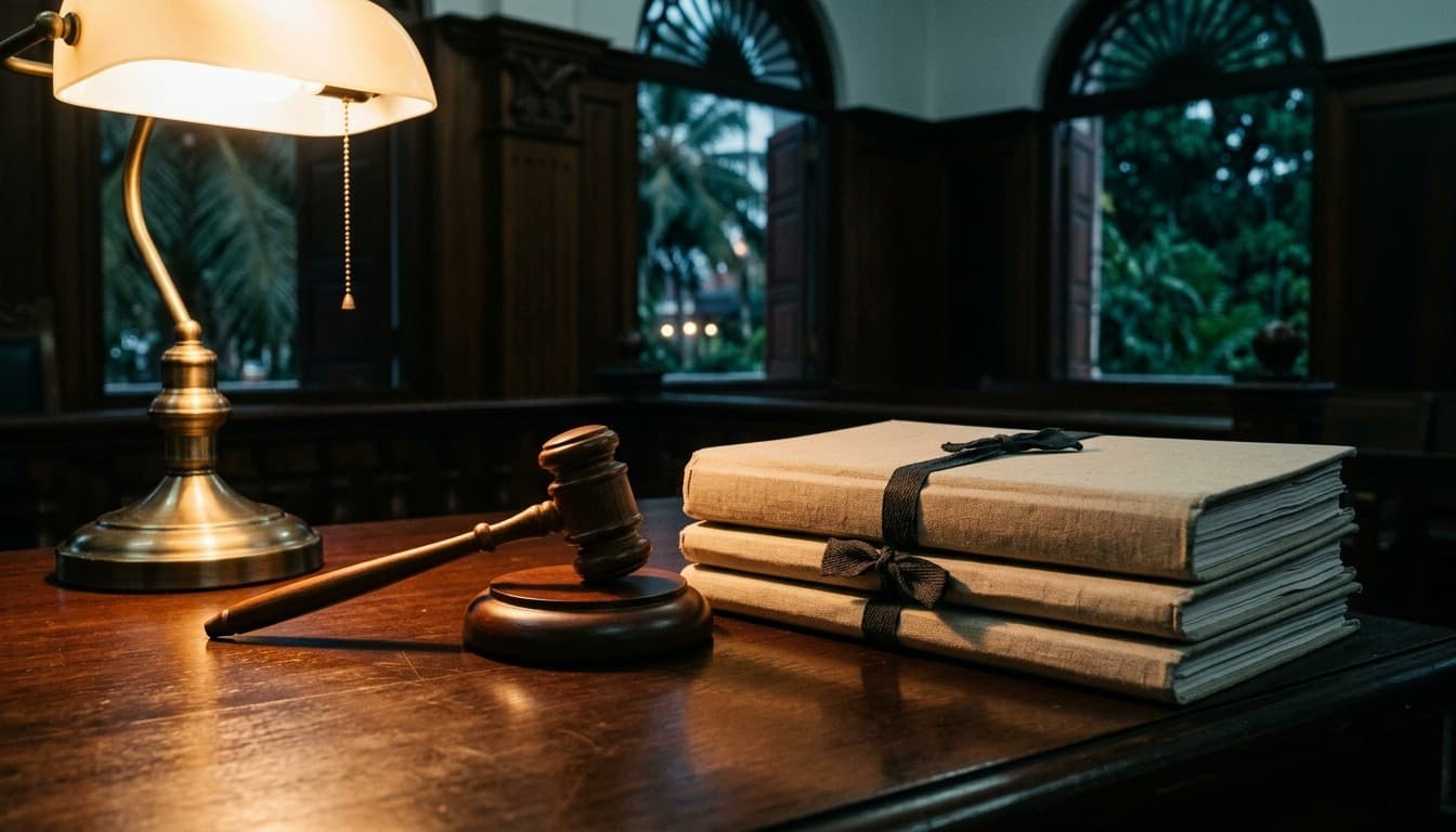 Editorial photograph of a dark hardwood gavel on sound block beside ribbon-tied legal files on a courtroom desk