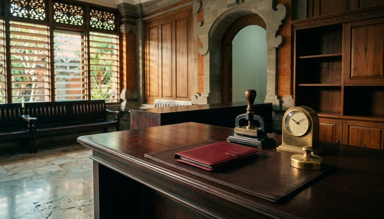 A dark mahogany immigration counter with a leather folder, brass desk clock, and stamp press in an empty morning hall.
