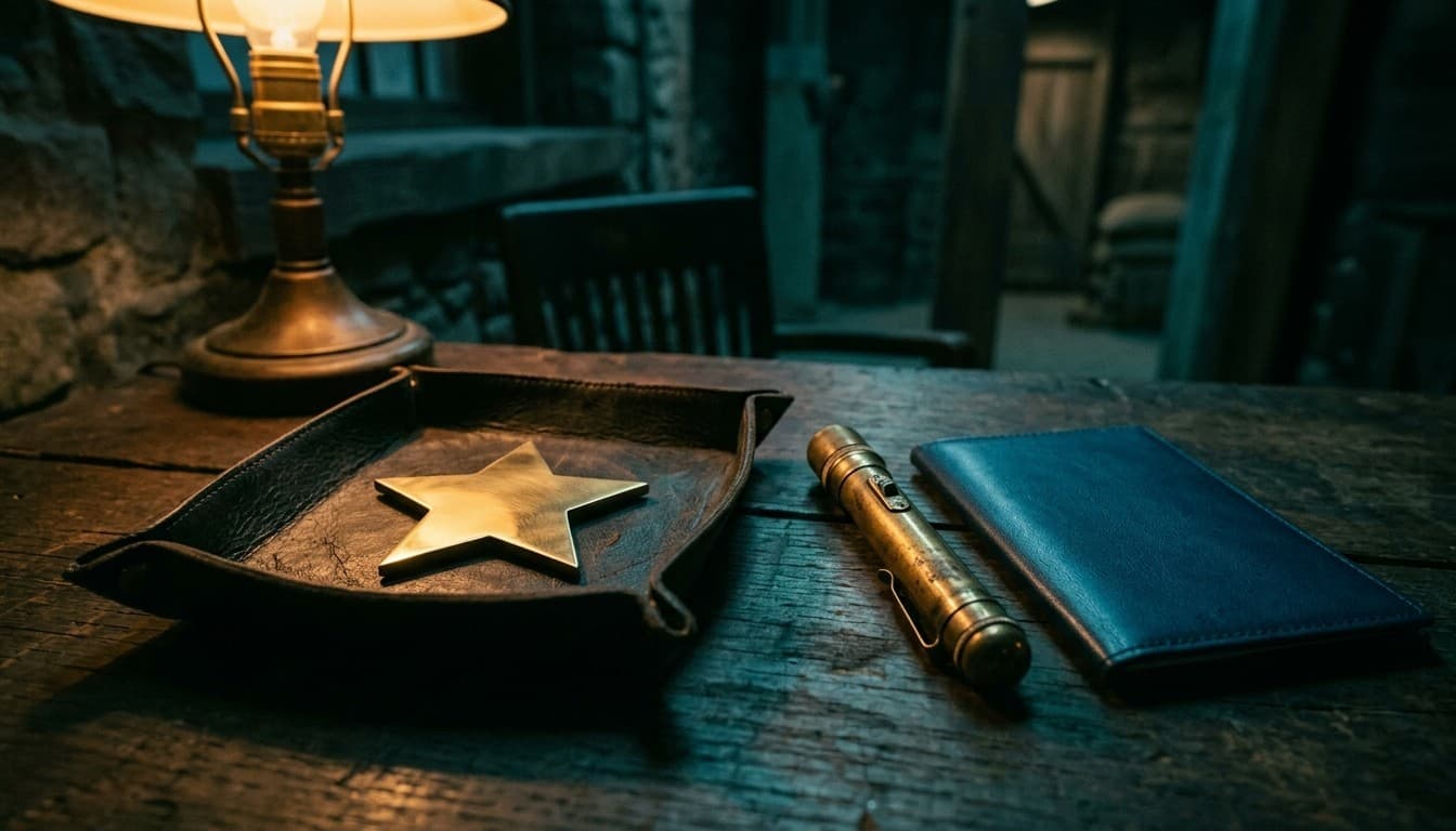 Cinematic photograph of a polished brass star insignia in a leather valet tray beside a brass penlight on a checkpoint desk