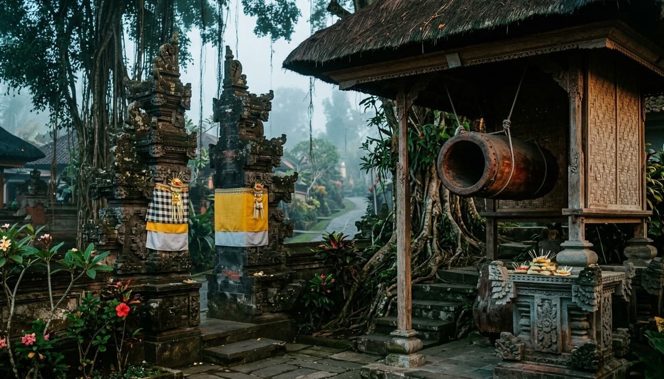 A carved stone split temple gate and wooden kulkul signal tower at a misty Balinese village boundary.