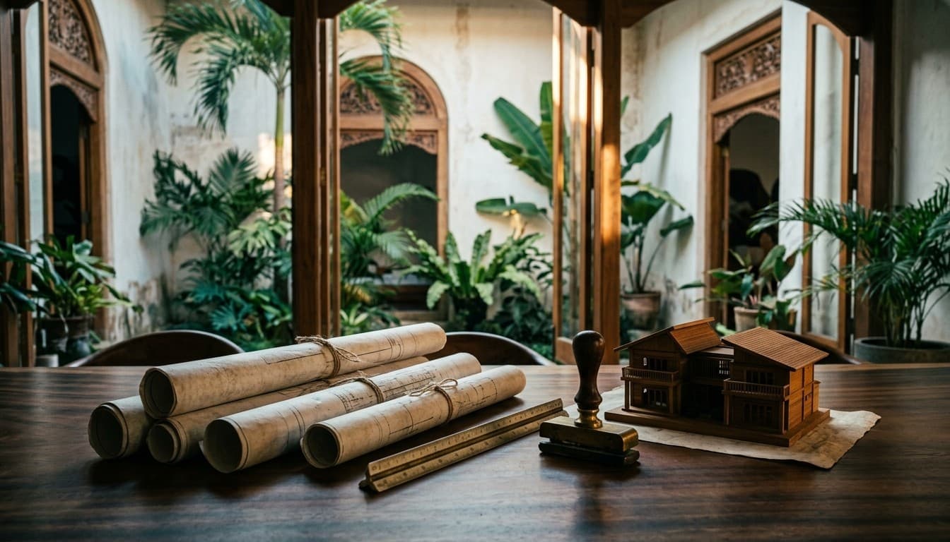 Rolled blueprints, brass notary seal, and a wooden villa model on a dark table overlooking a tropical courtyard.