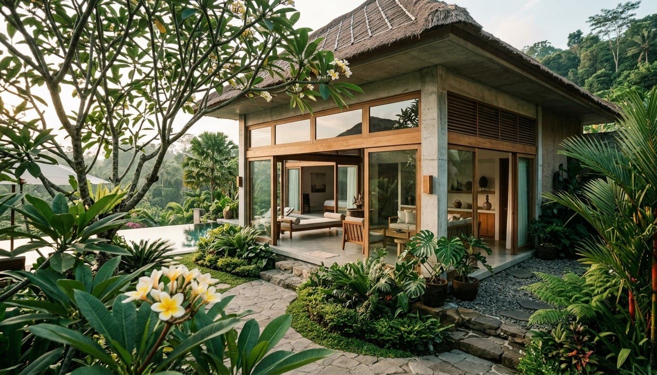 Modern tropical open-plan villa pavilion with timber framing and glass walls set in a manicured Bali garden overlooking lush jungle hills.