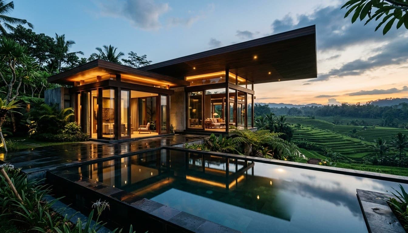 Contemporary luxury tropical villa architecture with an infinity reflecting pool overlooking emerald rice valleys at sunset in Bali.