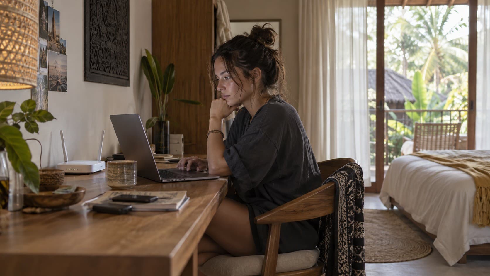 A remote worker testing a video call at a desk inside a Bali rental