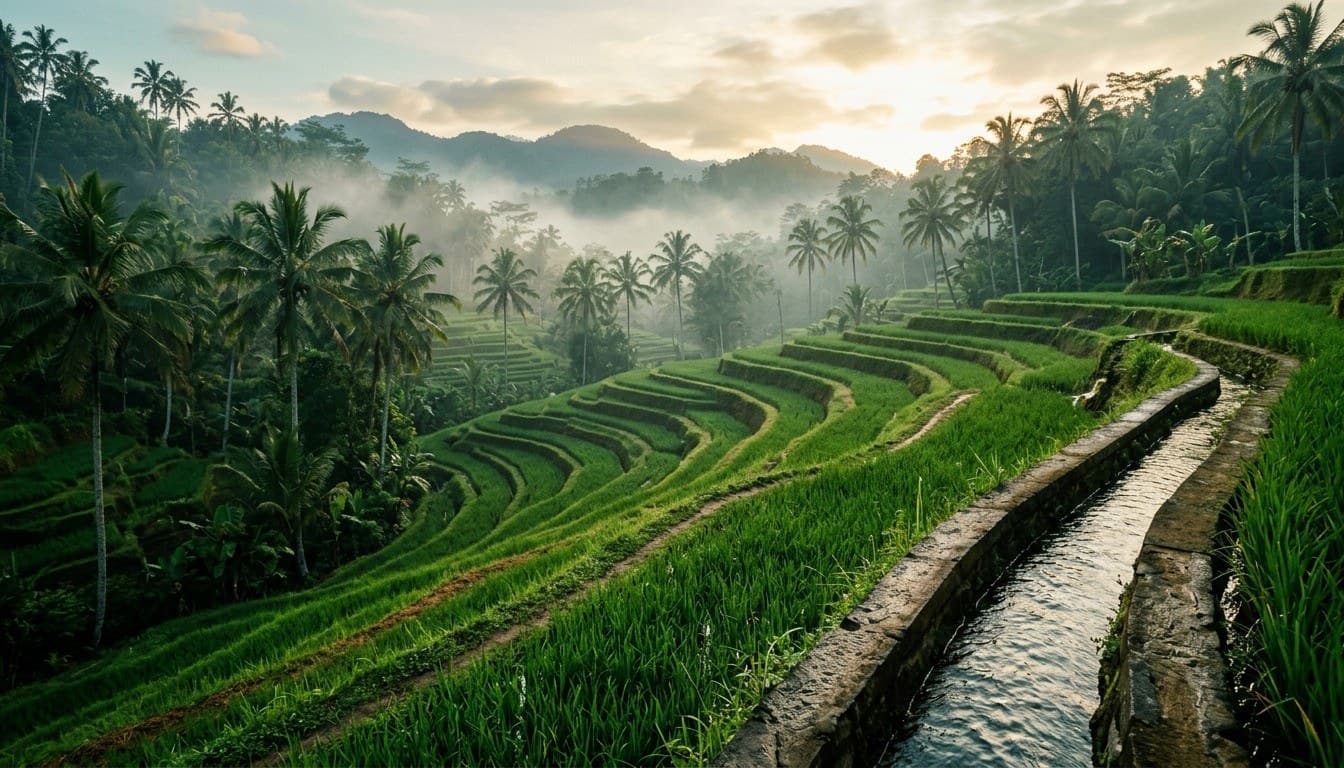 Lush green terraced rice fields in Bali with a stone irrigation channel running alongside coconut palms in the morning mist.