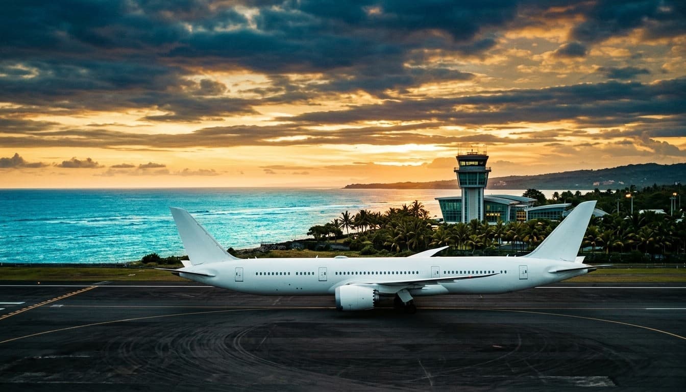 An airliner on the coastal airport tarmac in Bali with turquoise sea, sunset clouds, and an air traffic tower.