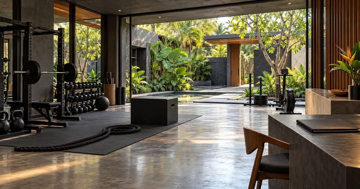 Illustrative modern Bali training studio with fitness equipment and a document folder at reception