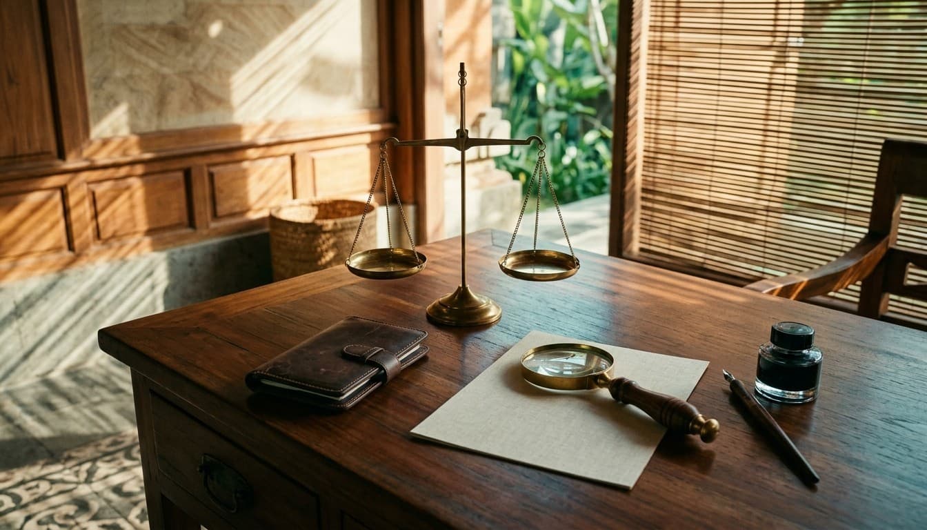 Balanced brass scales, a magnifying glass on a blank card, and inkwell on a teak desk in morning slatted sunlight.