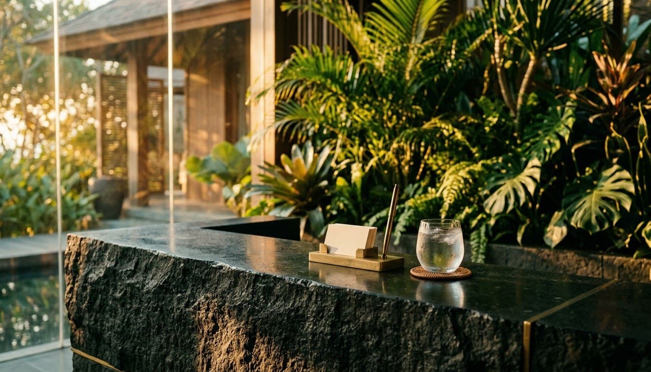 A textured volcanic basalt concierge desk with an unbranded brass dock overlooking sunlit tropical foliage through a glass pavilion wall.