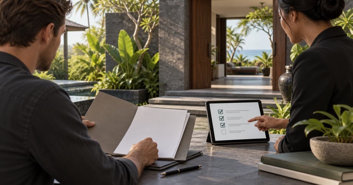 A Bali villa entrance alongside business licensing documents and an OSS compliance checklist
