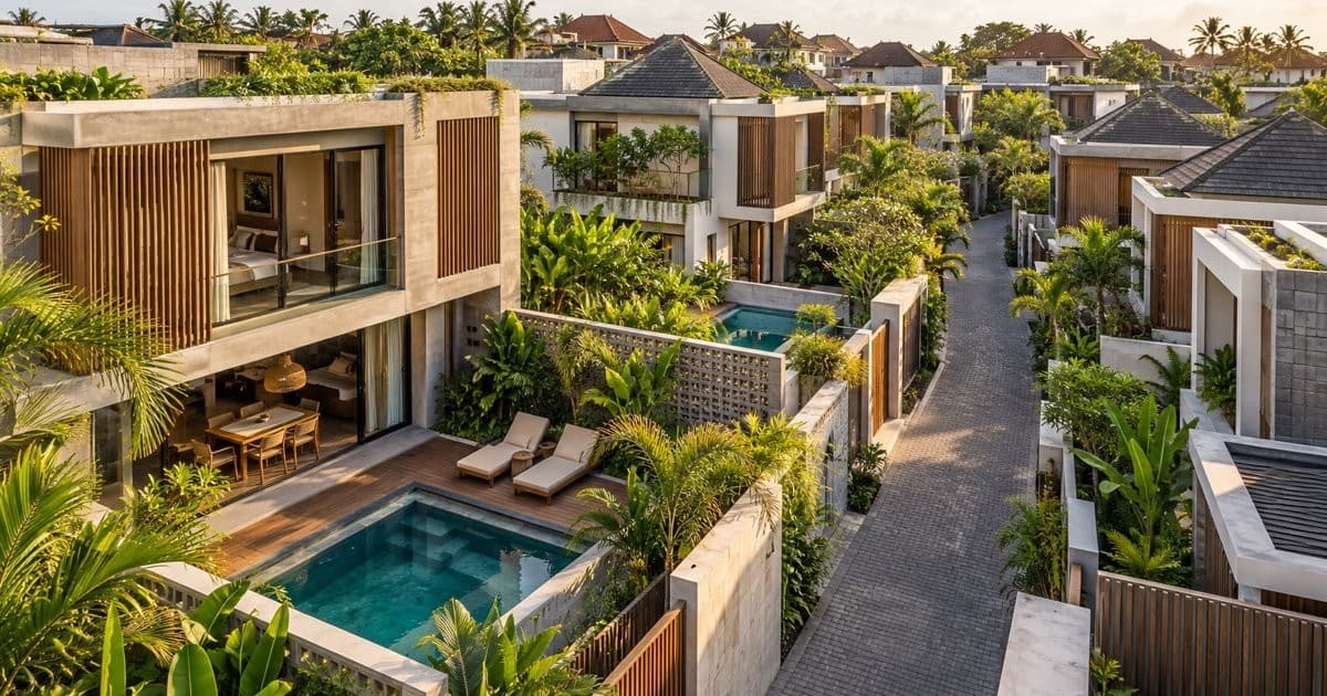 Contemporary villas and compact swimming pools in a developed Bali neighbourhood