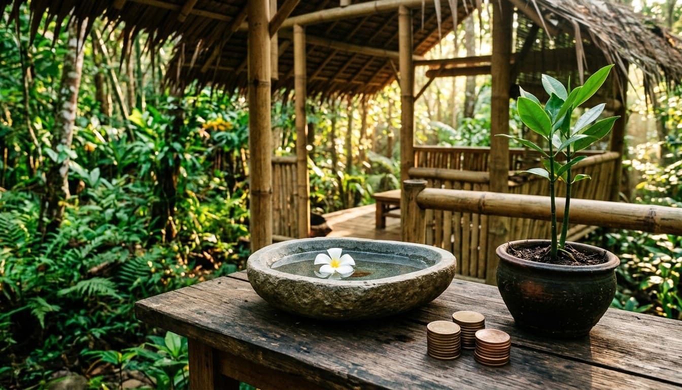 A stone bowl of water with frangipani beside smooth bronze tokens and a mangrove sapling on a wooden table.