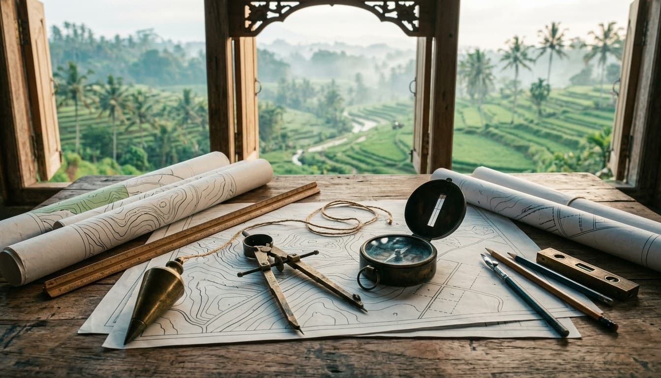 Topographical survey maps, brass dividers, compass, and plumb bob on a drafting table overlooking morning rice terraces in Bali.