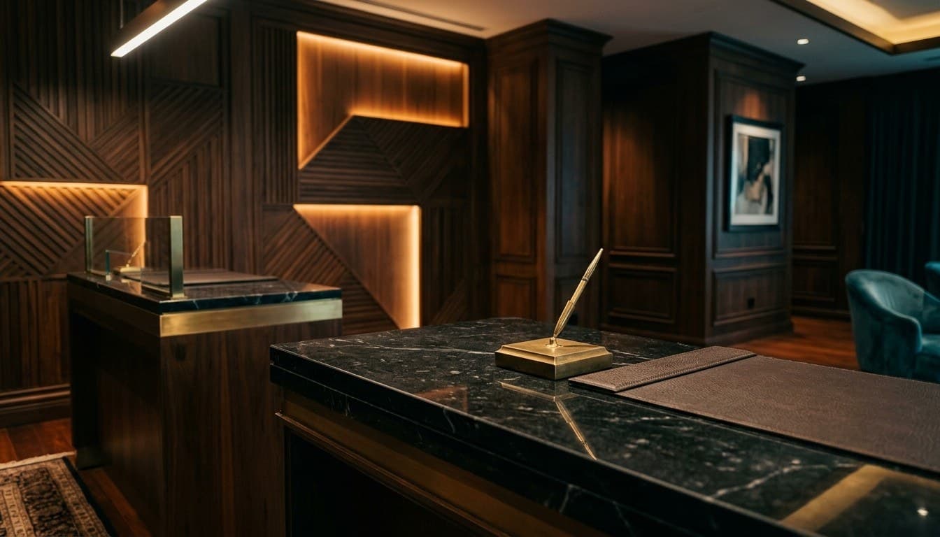 A private banking suite featuring a honed dark granite counter and brass pen holder set against warm backlit wood paneling.