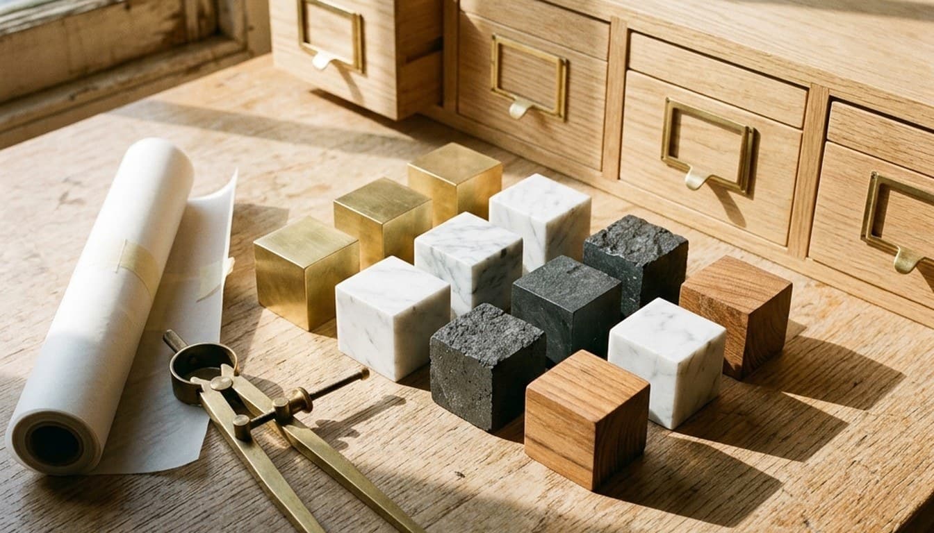 Modular wooden taxonomy compartments holding geometric brass, stone, and wood specimens beside a brass compass on a drafting table.