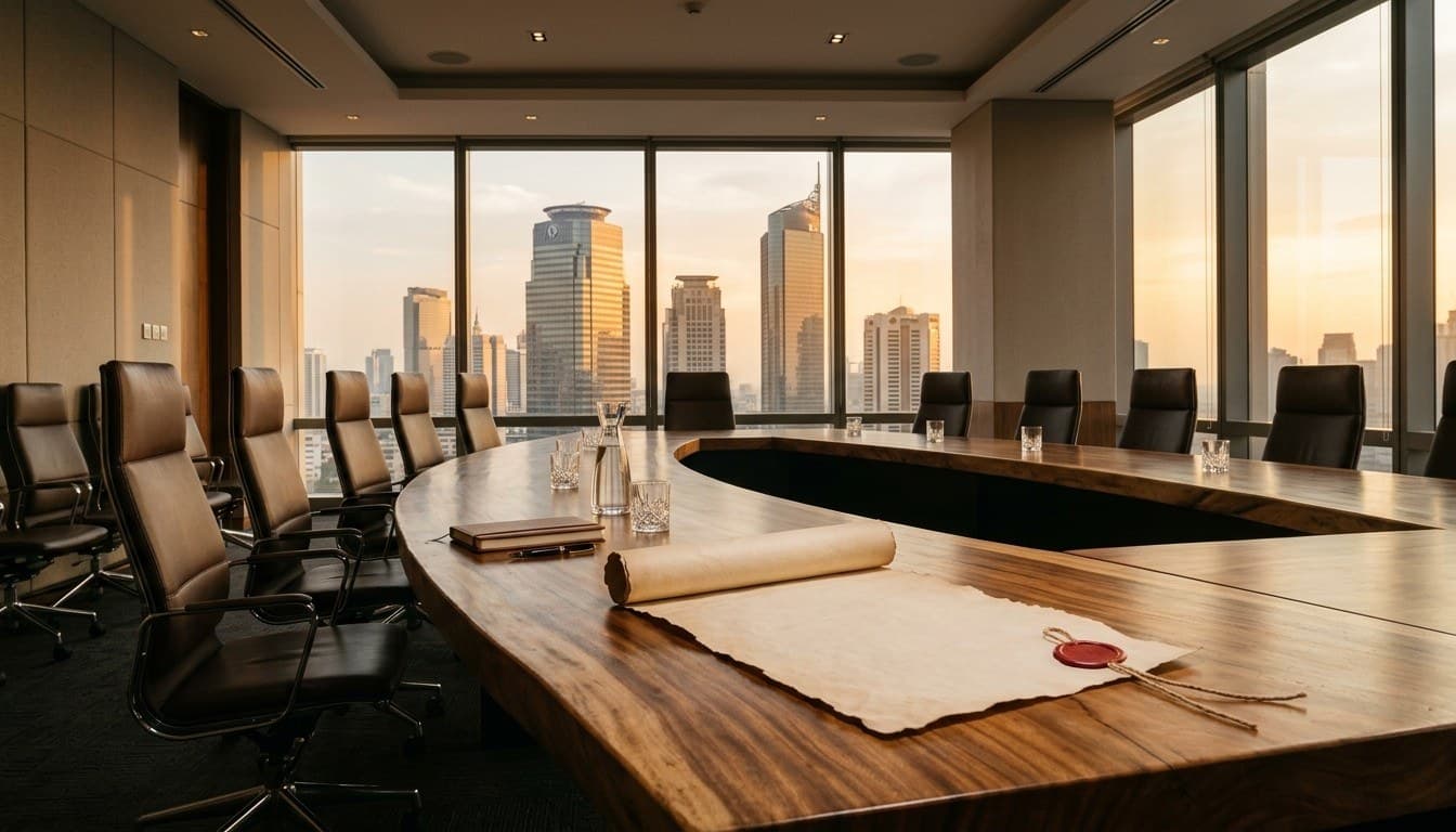A solid suar wood boardroom table with a blank rolled parchment treaty and red wax seal overlooking the Jakarta city skyline at dusk.