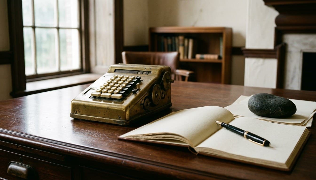 A vintage mechanical calculator, fountain pen, and blank ledger on a dark teak tax assessment desk.