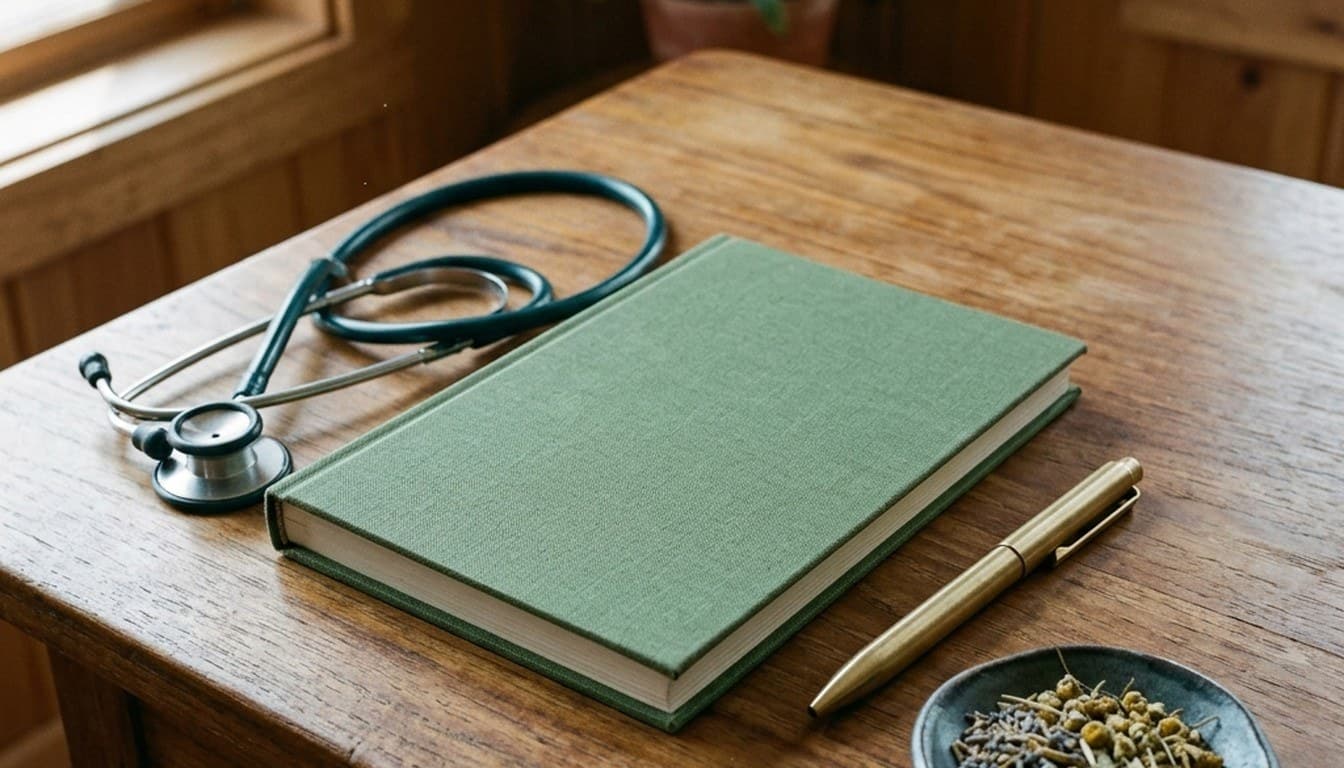 A medical stethoscope and brass pen resting on a dark linen ledger on an HR executive wooden desk.