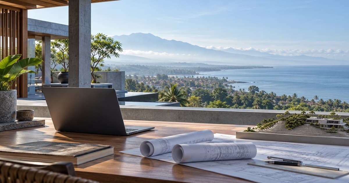 Illustrative North Bali coastal planning desk with a laptop, architectural drawings and a small development model