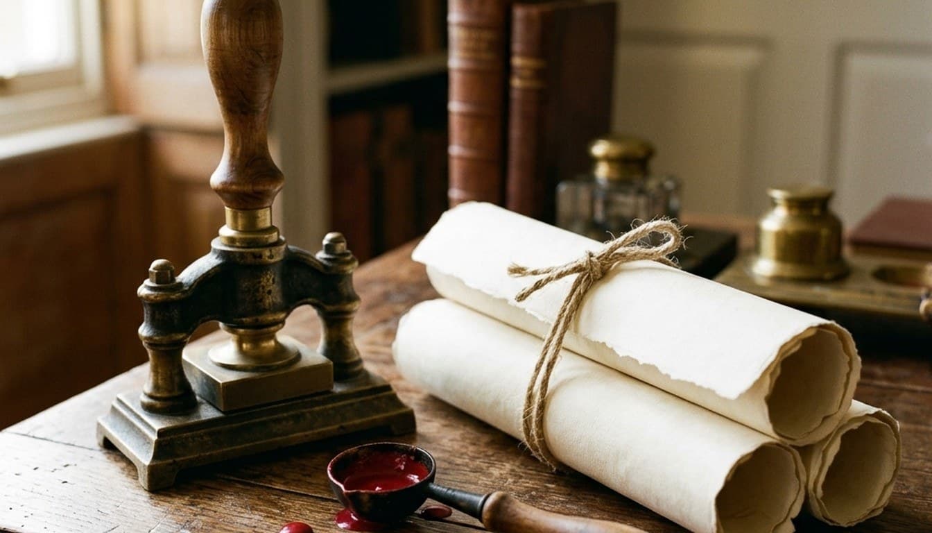 A brass wax seal stamp, hemp-tied parchment scrolls, and red sealing wax on a dark wood bureau.