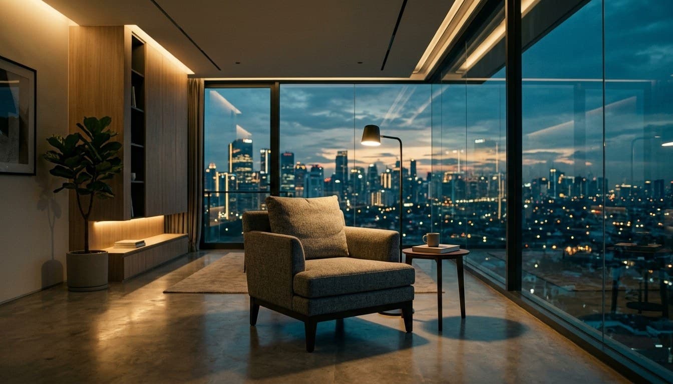 A contemporary condominium interior with a tailored armchair and floor-to-ceiling glass walls overlooking an evening city skyline.