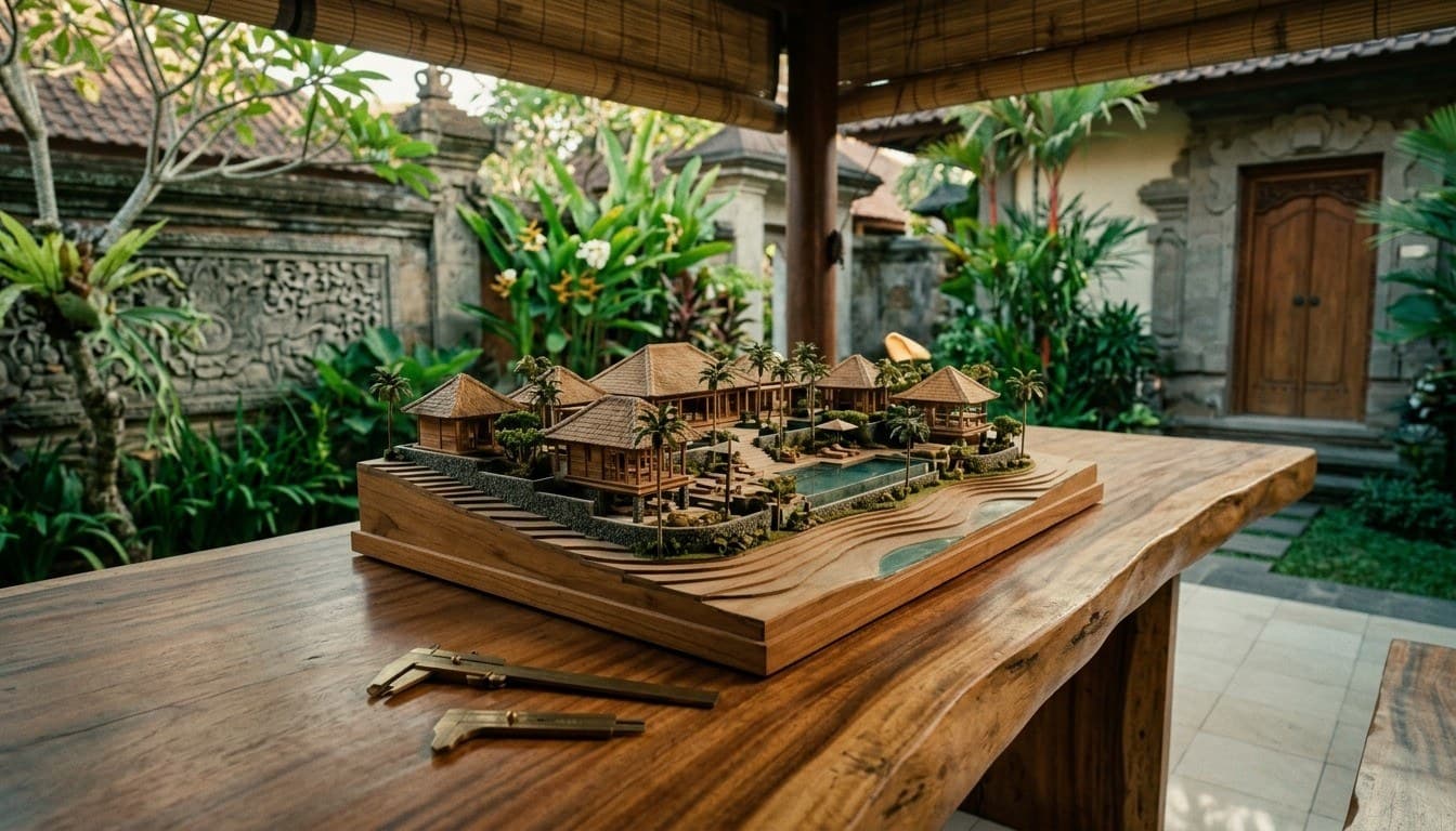 An architectural timber model of a tropical pavilion estate on a solid suar wood table with brass calipers.