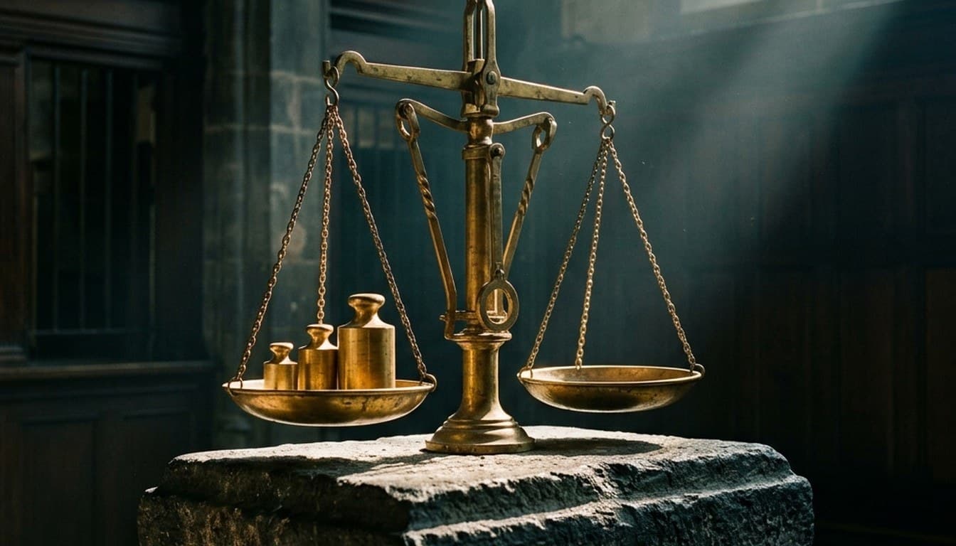 Solid brass precision balance scales and brass weights resting on a carved volcanic basalt stone plinth.