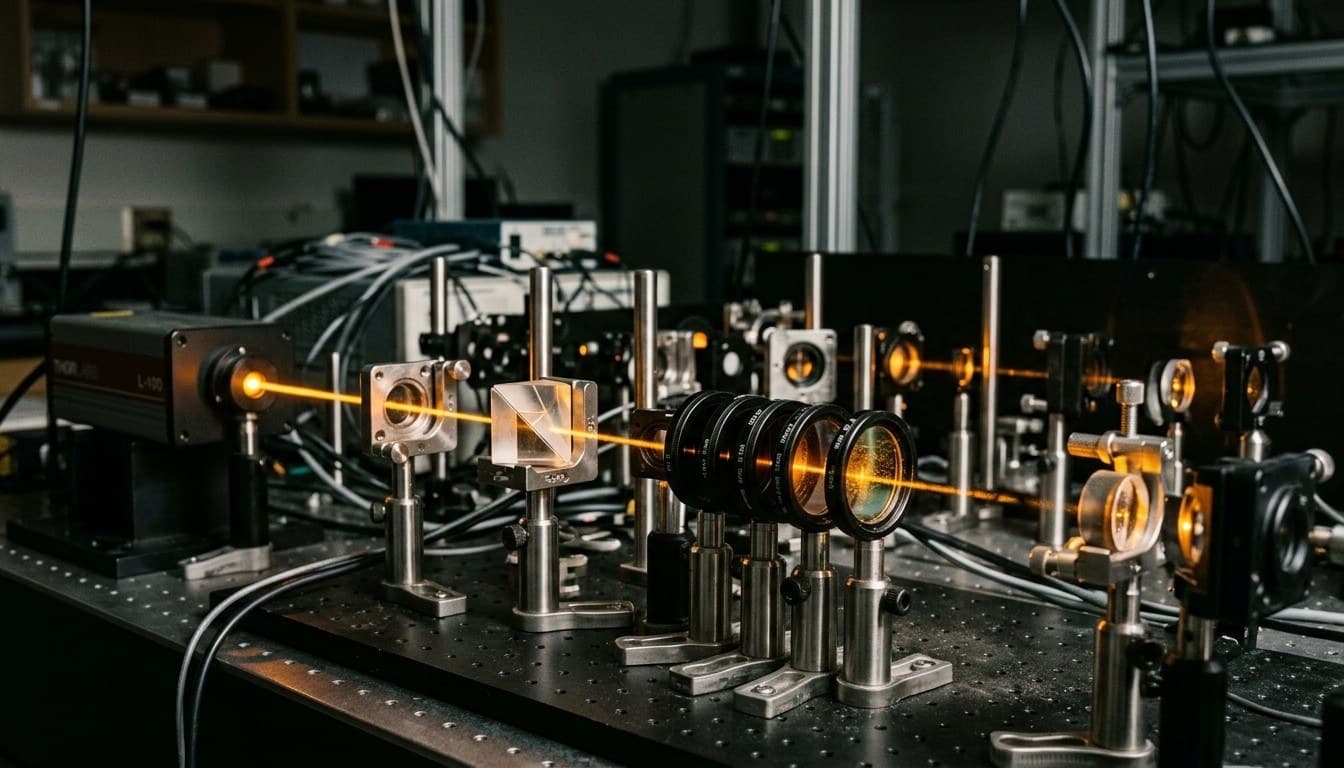 A precision photonics laboratory optics breadboard with stainless steel lens mounts, quartz prisms, and a collimated amber laser beam.